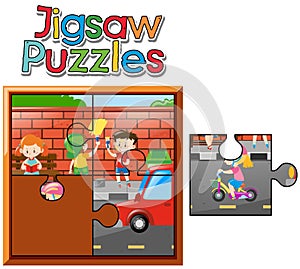 Jigsaw puzzle game with kids painting wall