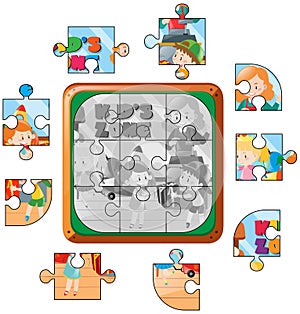 Jigsaw puzzle game with kids playing