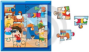 Jigsaw puzzle game with kids playing in the room