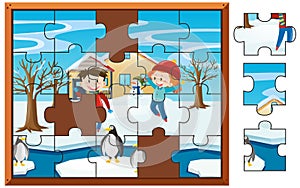 Jigsaw puzzle game with kids playing in snow
