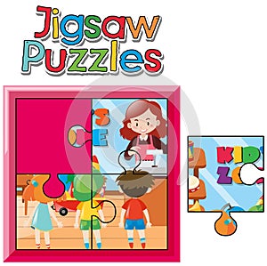 Jigsaw puzzle game with kids in shop