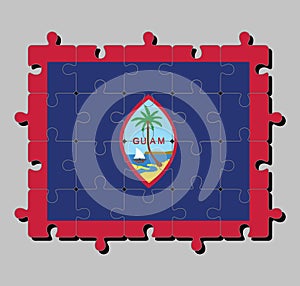 Jigsaw puzzle of Guam flag in dark blue background with a thin red border and the Seal of Guam.