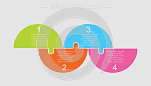 Jigsaw puzzle half circle info graphic 4 steps.