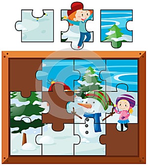 Jigsaw puzzle with kids playing snow
