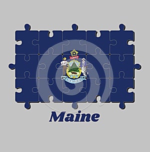 Jigsaw puzzle of Maine flag and the state name. Maine coat of arms defacing blue field. Concept of Fulfillment