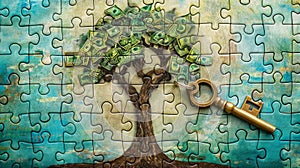 A jigsaw puzzle with a money tree design and a key resting on top, symbolizing solution or success