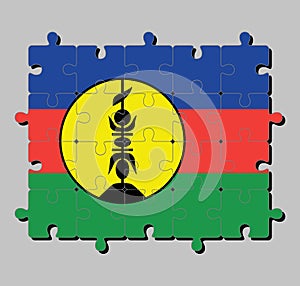 Jigsaw puzzle of New Caledonia flag in blue red and green with a yellow disc fibrated black and defaced with a vertical symbol.