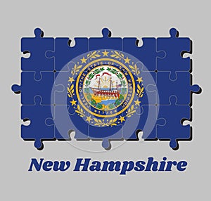 Jigsaw puzzle of New Hampshire flag, the State Seal of New Hampshire on a blue field surrounded by Laural leaves and nine stars.
