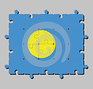 Jigsaw puzzle of Palau flag in light blue field with the large yellow disk shifted slightly to the hoist-side of center.