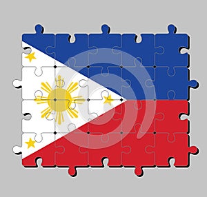 Jigsaw puzzle of Philippines flag in a horizontal blue and red; white equilateral triangle based at the hoist, gold stars.