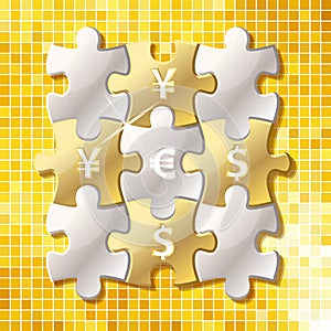 Jigsaw puzzle pieces with currency symbol