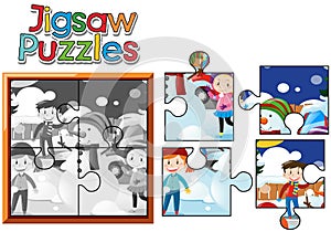Jigsaw puzzle pieces of kids playing with snowman