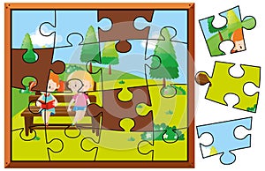 Jigsaw puzzle pieces for kids reading in park
