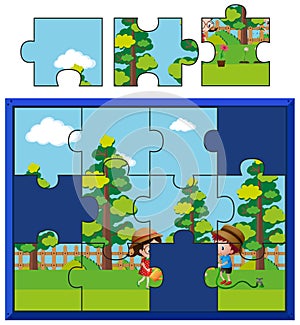 Jigsaw puzzle pieces for kids watering plants