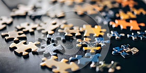 Jigsaw puzzle pieces scattered on dark surface