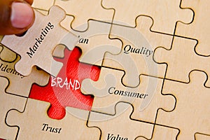 Jigsaw puzzle pieces with the word BRAND QUALITY CONCEPT