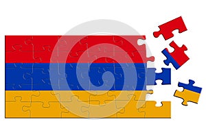 A jigsaw puzzle with a print of the flag of Armenia, some pieces of the puzzle are scattered or disconnected. Isolated background