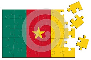 A jigsaw puzzle with a print of the flag of Cameroon, some pieces of the puzzle are scattered or disconnected. Isolated background