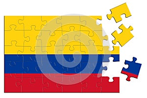 A jigsaw puzzle with a print of the flag of Colombia, some pieces of the puzzle are scattered or disconnected. Isolated background