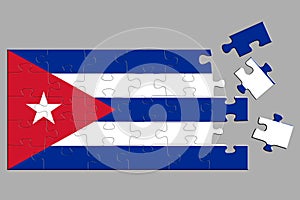 A jigsaw puzzle with a print of the flag of Cuba some pieces of the puzzle are scattered or disconnected. Isolated background. 3d