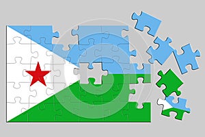 A jigsaw puzzle with a print of the flag of Djibouti, some pieces of the puzzle are scattered or disconnected. Isolated background