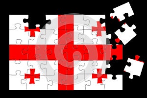 A jigsaw puzzle with a print of the flag of Georgia, some pieces of the puzzle are scattered or disconnected. Isolated background