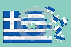 A jigsaw puzzle with a print of the flag of Greece, some pieces of the puzzle are scattered or disconnected. Isolated background.