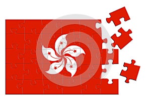 A jigsaw puzzle with a print of the flag of Hong kong, some pieces of the puzzle are scattered or disconnected. Isolated