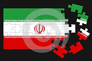 A jigsaw puzzle with a print of the flag of Iran, some pieces of the puzzle are scattered or disconnected. Isolated background