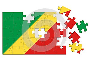 A jigsaw puzzle with a print of the flag of Republic of the Congo, some pieces of the puzzle are scattered or disconnected.