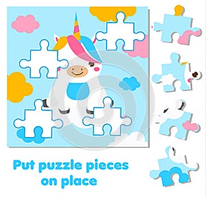 Jigsaw puzzle for toddlers. Match pieces and complete picture. cute unicorn. Educational game for children and kids.