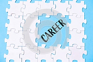 A jigsaw puzzle with the word career written in blue