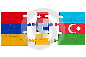 Jigsaw puzzles from the separated flags of Azerbaijan, Nagorno-Karabakh and Armenia The puzzle pieces are seperated. The concept.