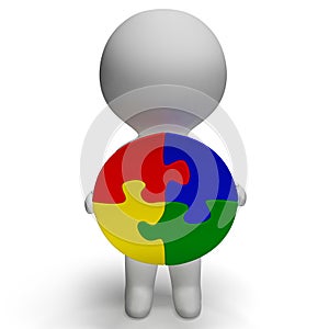 Jigsaw Solution And 3d Character Shows Solution Or Wholeness