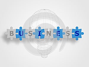 Jigsaws connected as a word of BUSINESS on wireframe lightbulb as background represent business concept. Technology background.