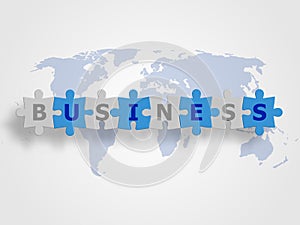 Jigsaws connected as a word of BUSINESS on world map as background represent business concept and global connection.