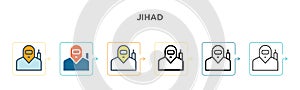 Jihad vector icon in 6 different modern styles. Black, two colored jihad icons designed in filled, outline, line and stroke style