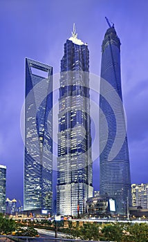 Jin Mao, Shanghai Tower and Shanghai World Financial Center at twilight