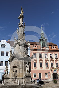 Jindrichuv Hradec, Czech Republic. The Column of the Assumption of the Virgin Mary in the central square