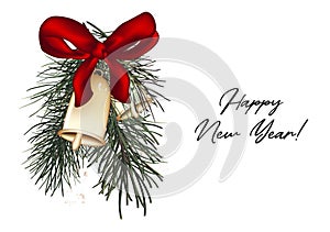 Jingle bells Christmas card with pine branch, red bow and hand-drawn greeting text.  New Year decoration for advertising, poster,