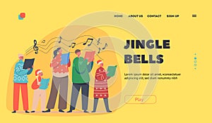 Jingle Bells Landing Page Template. Happy Children Christmas in Santa Claus Hats Singing Xmas Carols Holding Song Books