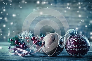 Jingle Bells pine branches Christmas decoration in the snow atmosphere.