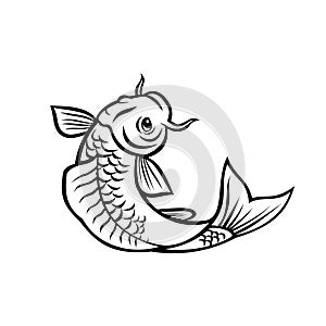 Jinli Koi or Nishikigoi Fish Jumping Up Cartoon Black and White Style