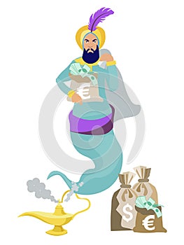 Jinn flies out of the lamp, in the hands of wealth, money, dollars. In minimalist style. Cartoon flat raster