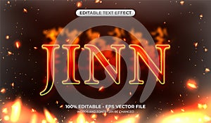 Jinn text effect with flames. Editable burnt font style effect. Realistic fire-style template with flames flying through the air