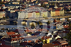 Jirasek Bridge and Dancing House from aerial view in sunset light, Prague, Czech republic