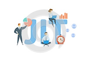 JIT, Just In Time. Concept with keyword, people and icons. Flat vector illustration. Isolated on white.