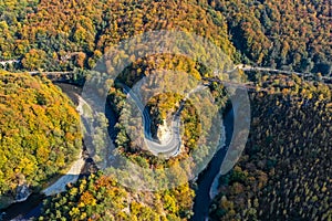 Jiului Valley (Valea Jiului) Canyon panorama with mountain road photo