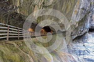 Jiuqudong Tunnel of Nine Turns at Taroko National Park. a famous tourist spot in Xiulin, Hualien, Taiwan