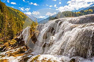 Jiuzhaigou national park and Pearl Shoal Waterfalls during autumn in Ngawa Tibetan and Qiang in Sichuan , China : 17 October 2023